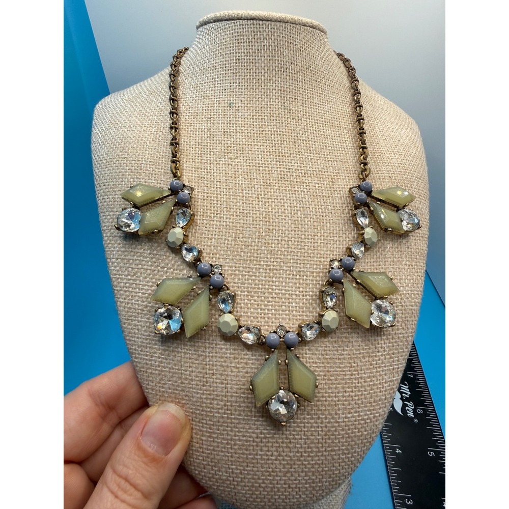 J.Crew Statement Necklace Sage Green Lavender Clear Crystal Brass Bib Jewelry
